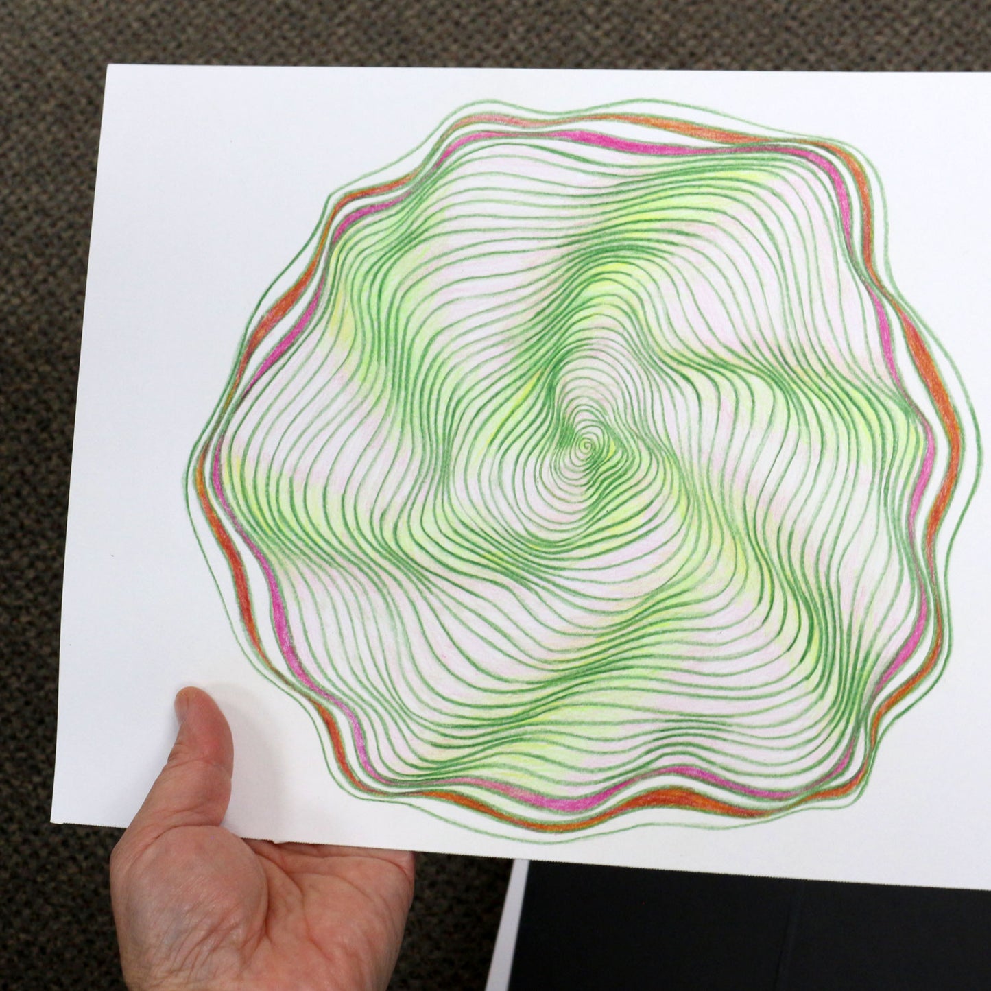 Original 9"x12"Colored Pencil Drawing on Paper - Spiral - green pink (M113)